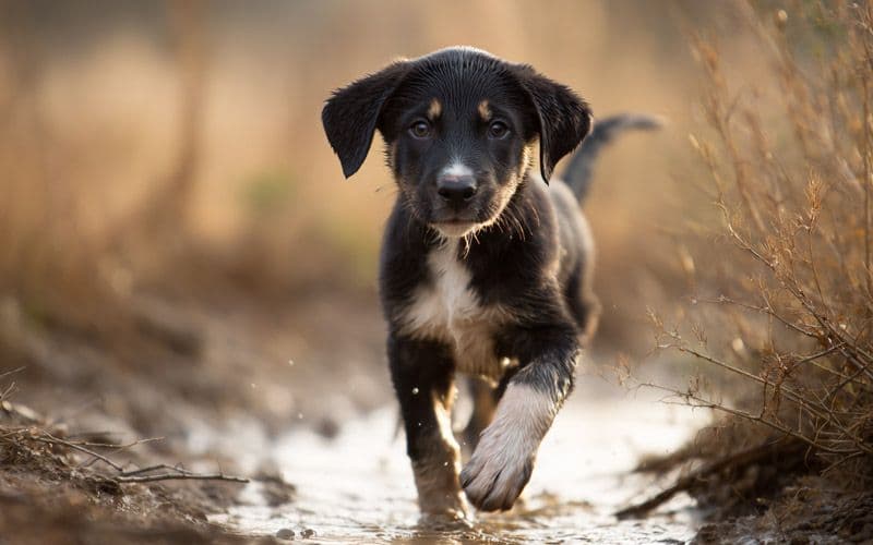 El cachorro desarrolla la coordinación sobre una superficie nueva — un charco